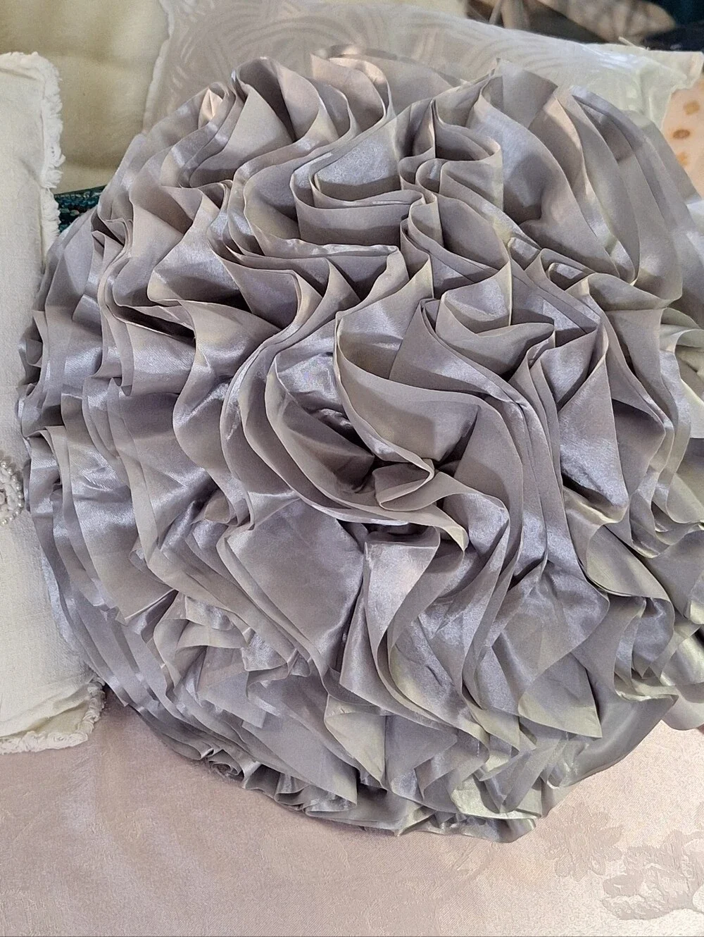 THRŌ Thro by Mario Lorenz Satin Ruffle Rosette Silver Throw Pillow 23
